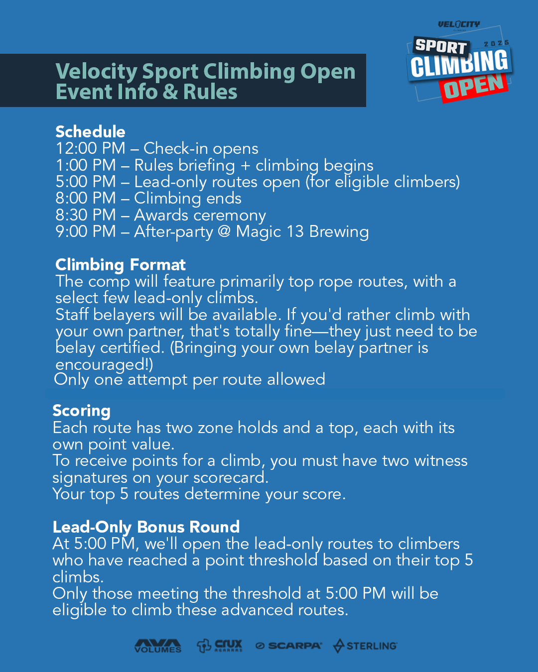 Rules and format for the Velocity Sport Climbing Open